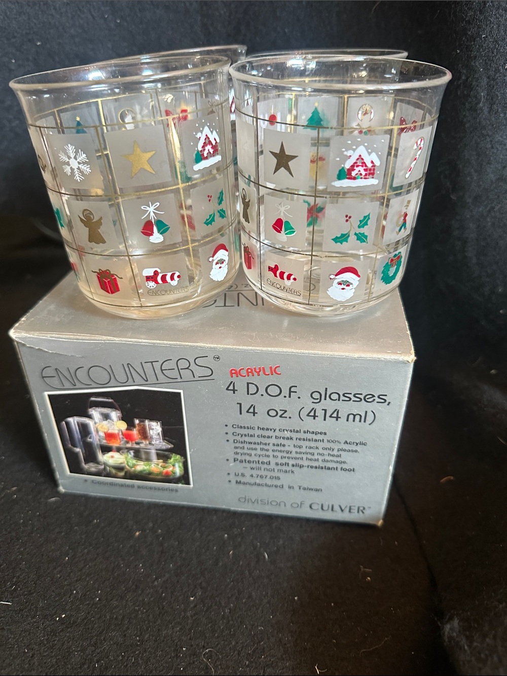 Holiday Acrylic Glasses Set - Clear with Multicolor Christmas Motifs
